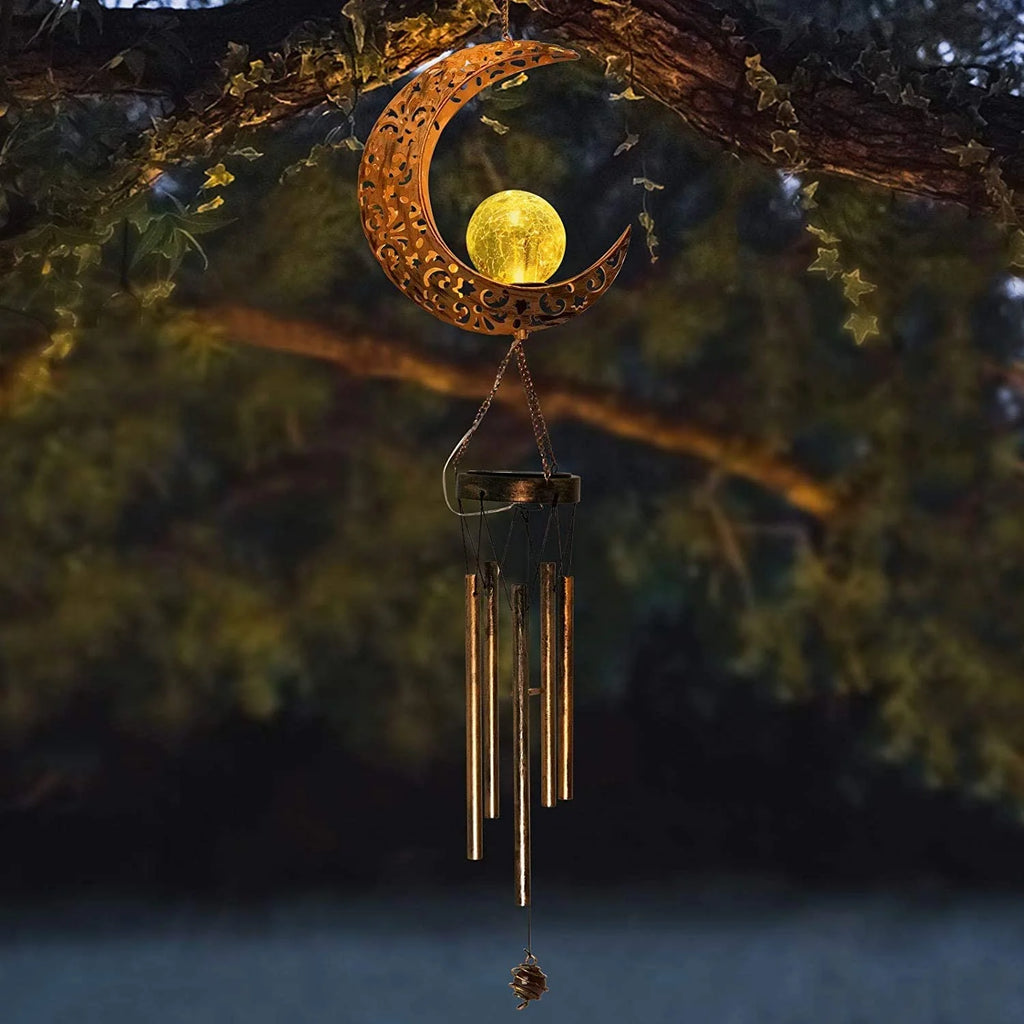 Retro Brass Metal Moon Crackle Glass Solar Wind Chimes LED Lights H85552