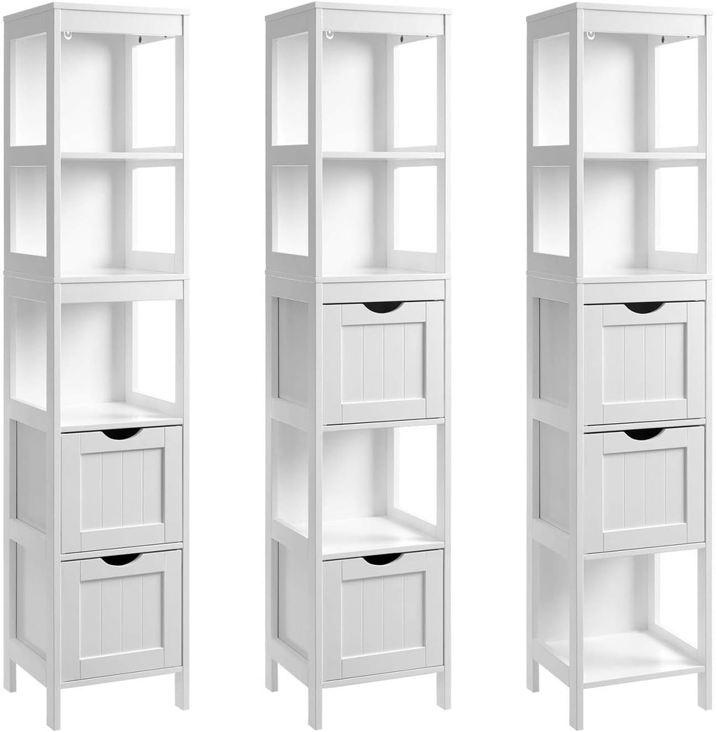 White Tall Cabinet with 2 Drawers and 3 Open Shelves A145