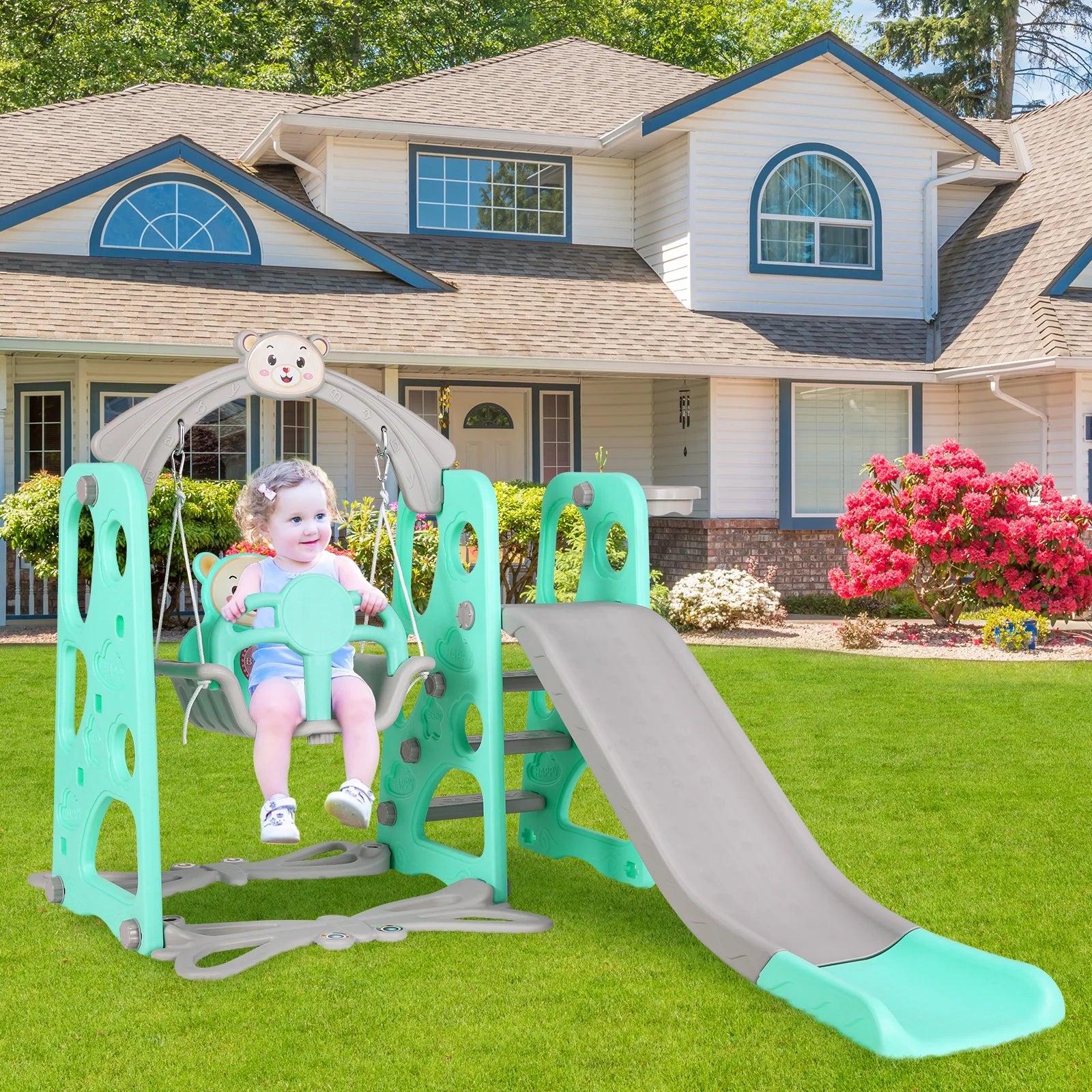 4 in 1 Kids Slide and Swing Set Toddler Play Climber with Basketball Hoop Indoor Outdoor Playground Q574999