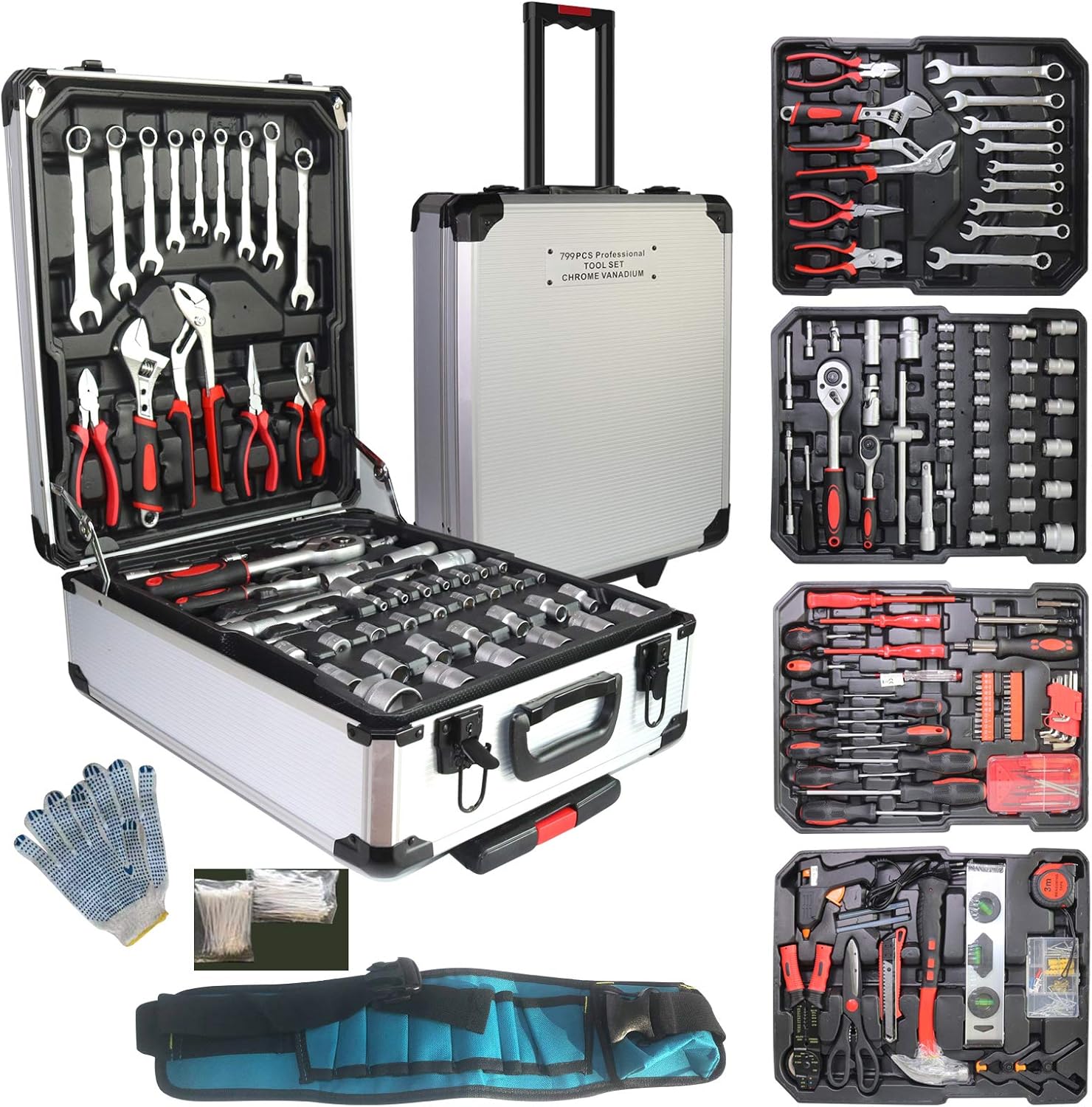 799pcs Aluminum Trolley Case Tool Set Silver Black I6748