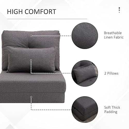 Convertible Flip Chair Floor Lazy Sofa Folding Upholstered Couch Bed with Adjustable Backrest Metal Frame and Pillows Dark Grey E81073