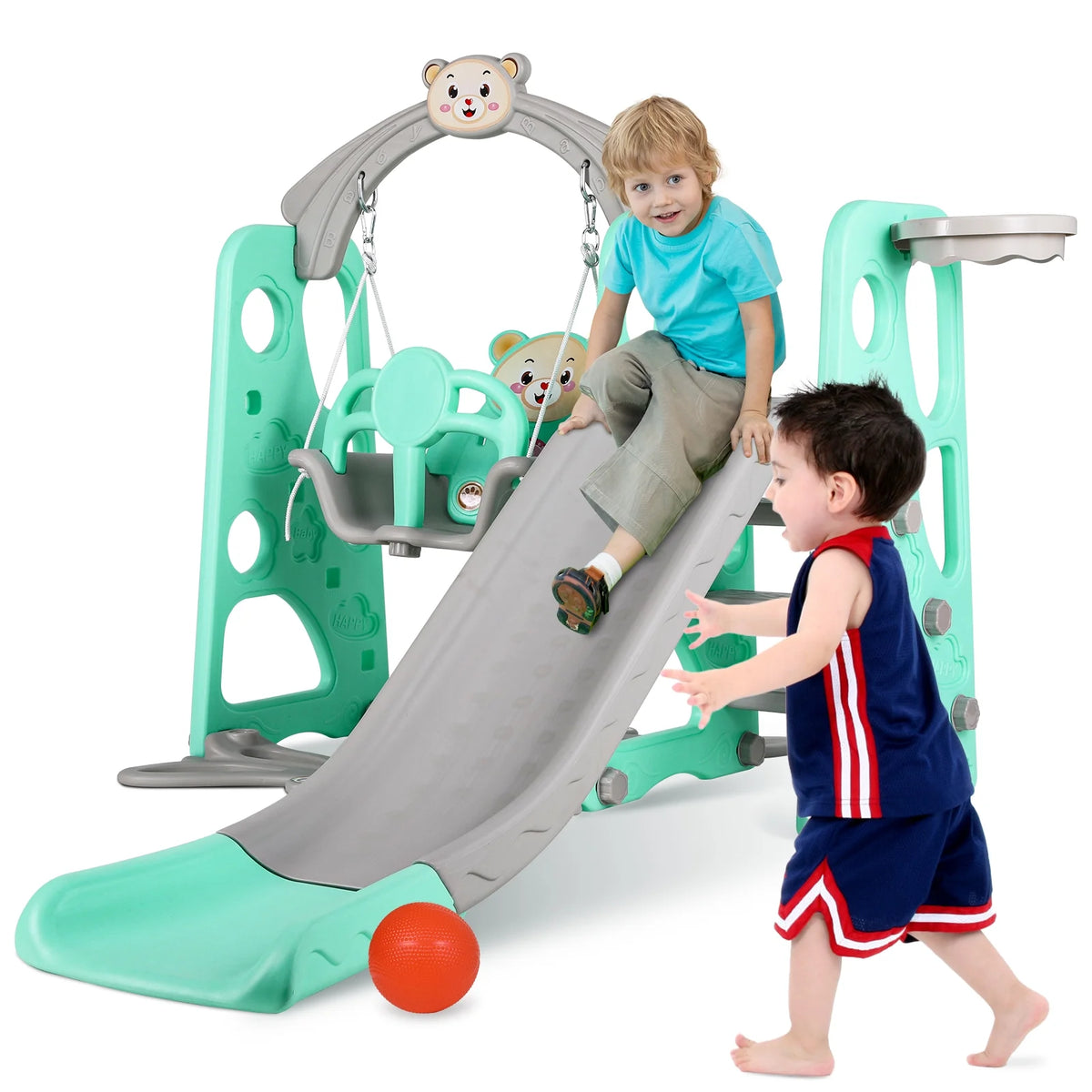 4 in 1 Kids Slide and Swing Set Toddler Play Climber with Basketball Hoop Indoor Outdoor Playground Q574999
