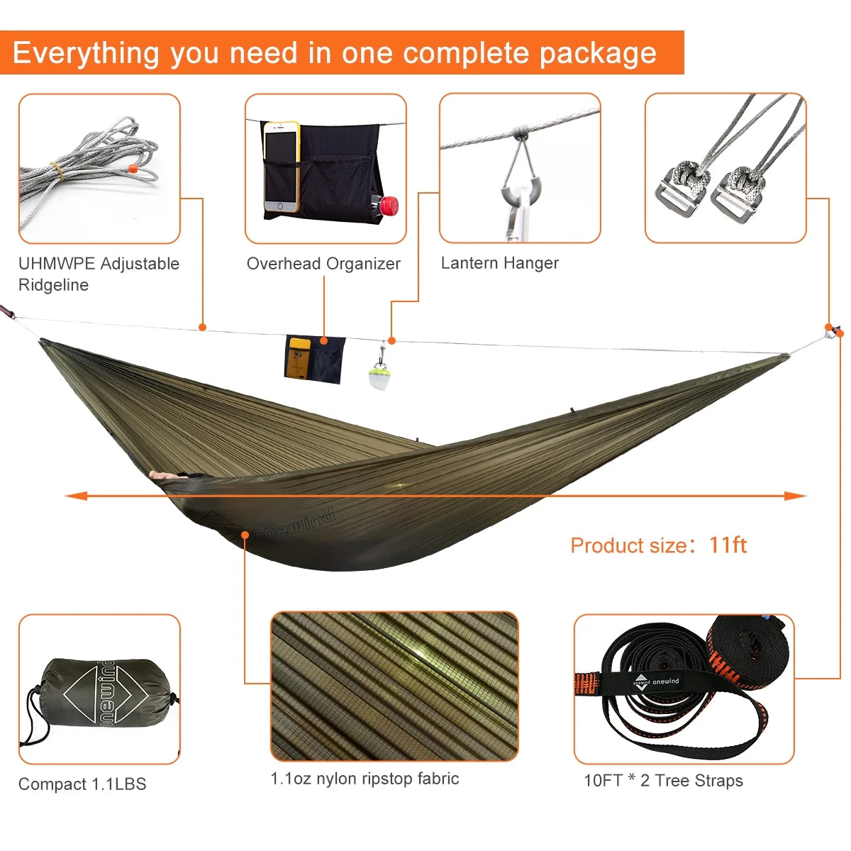 Olive Green Camping Hammock with Tree Straps S4457