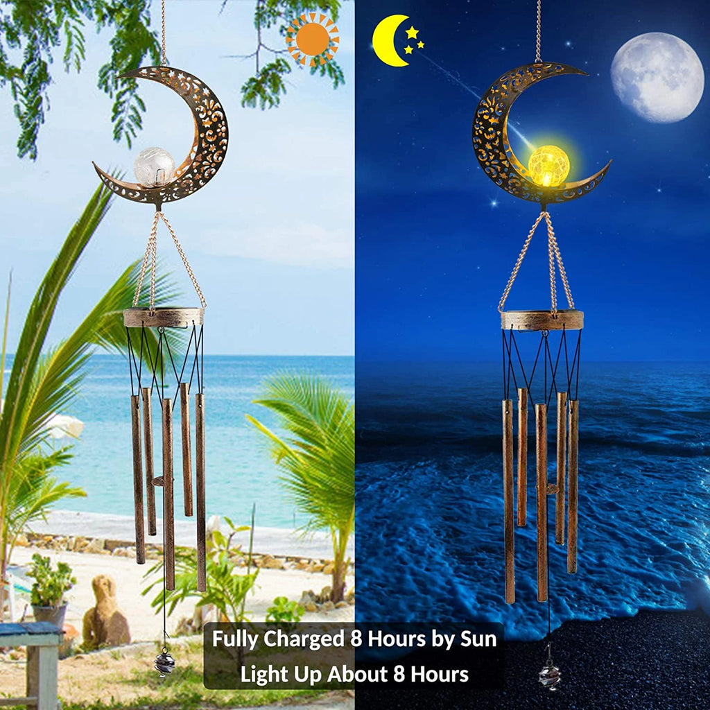 Retro Brass Metal Moon Crackle Glass Solar Wind Chimes LED Lights H85552
