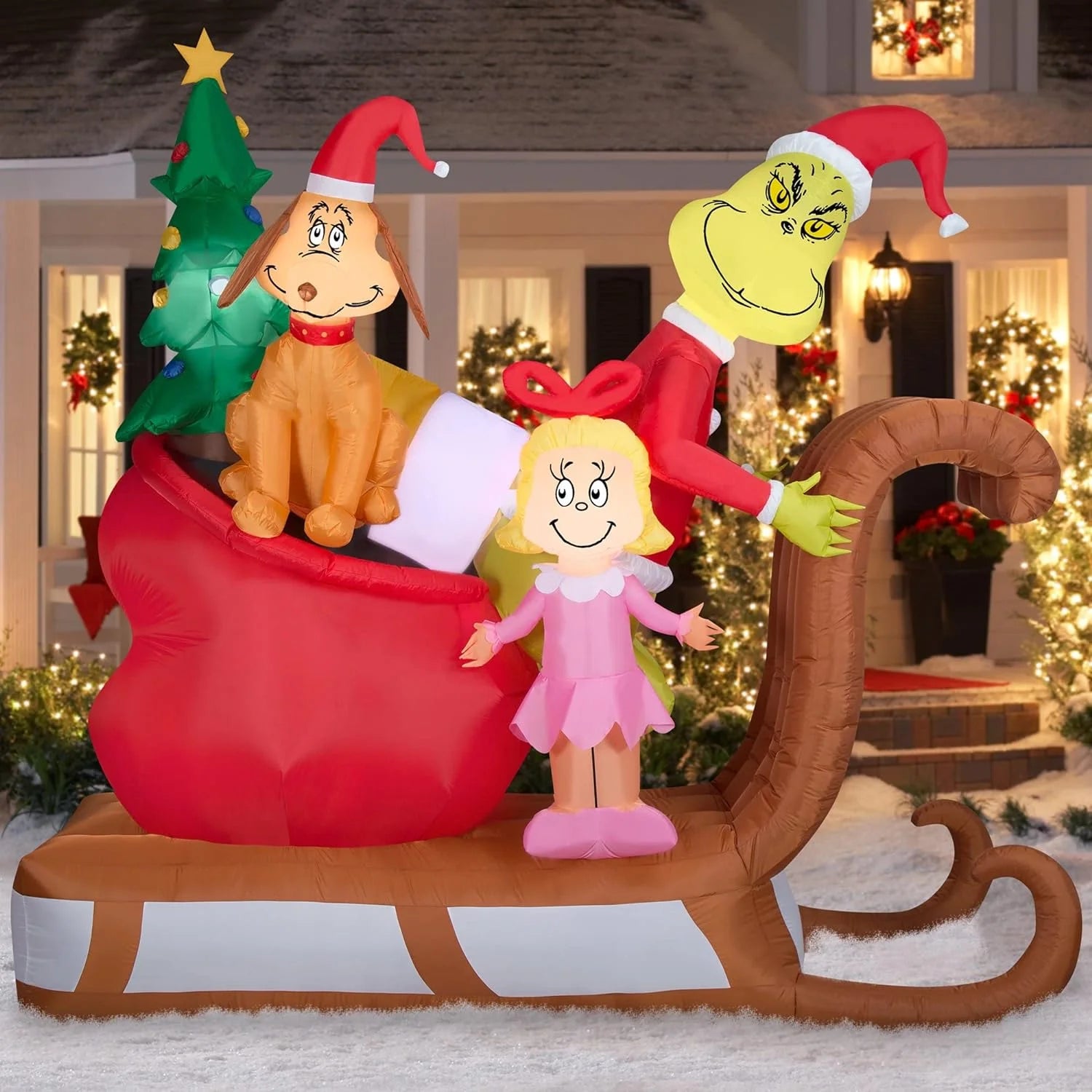 Grinch with Max and Cindy Lou on Sleigh Christmas Inflatable Q414