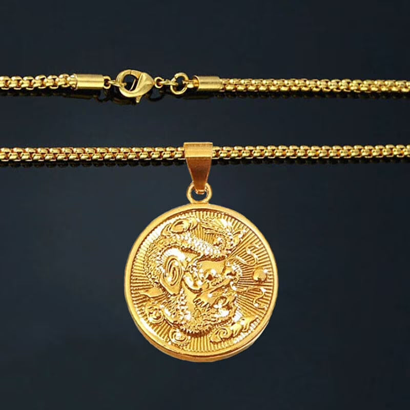 18k Gold 24" Chain Link Necklace And Dragon Filled Pendant Z45673