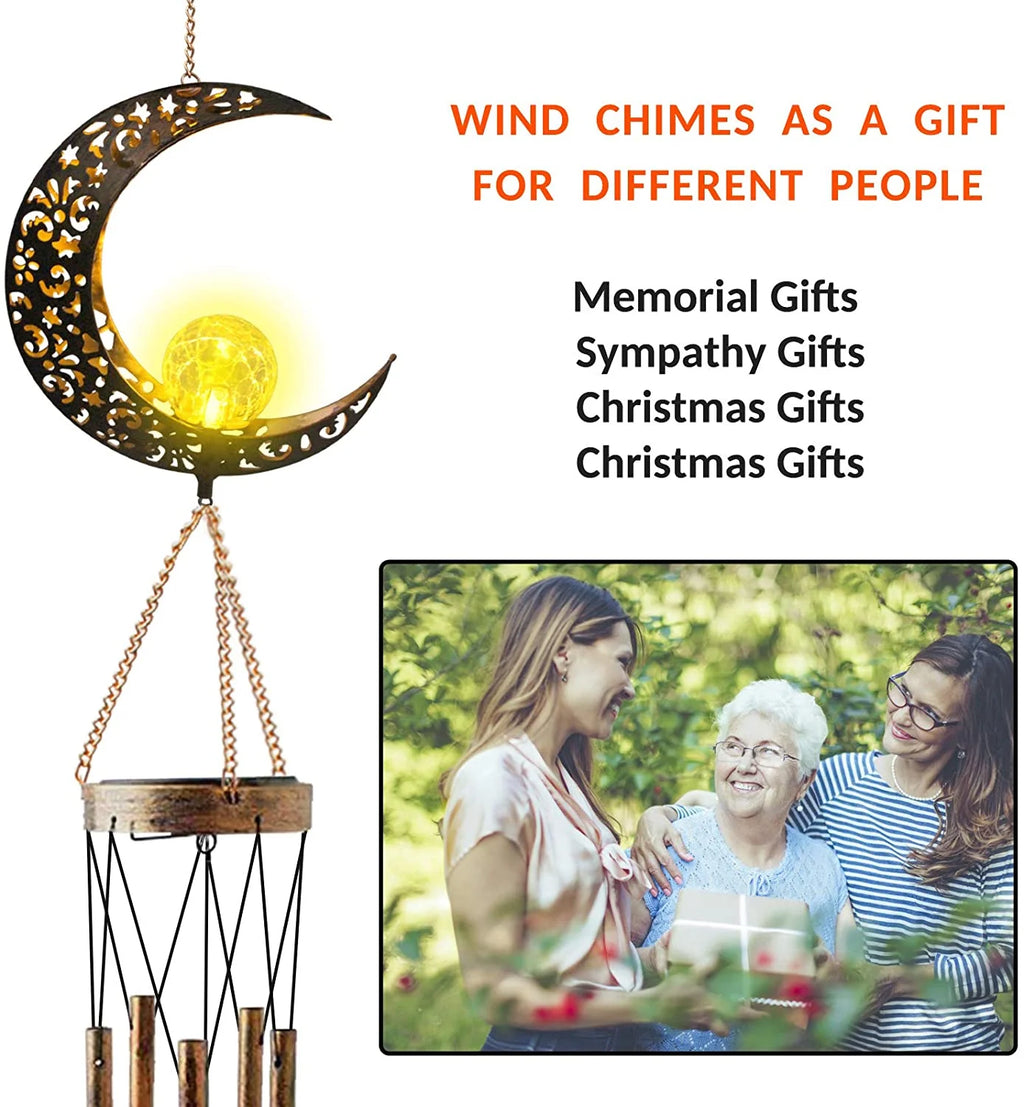 Retro Brass Metal Moon Crackle Glass Solar Wind Chimes LED Lights H85552