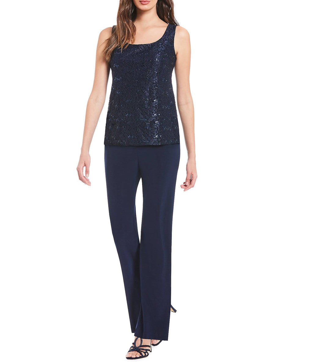 3-Piece Sequin Glitter Scallop Lace Duster Pant Set J37000