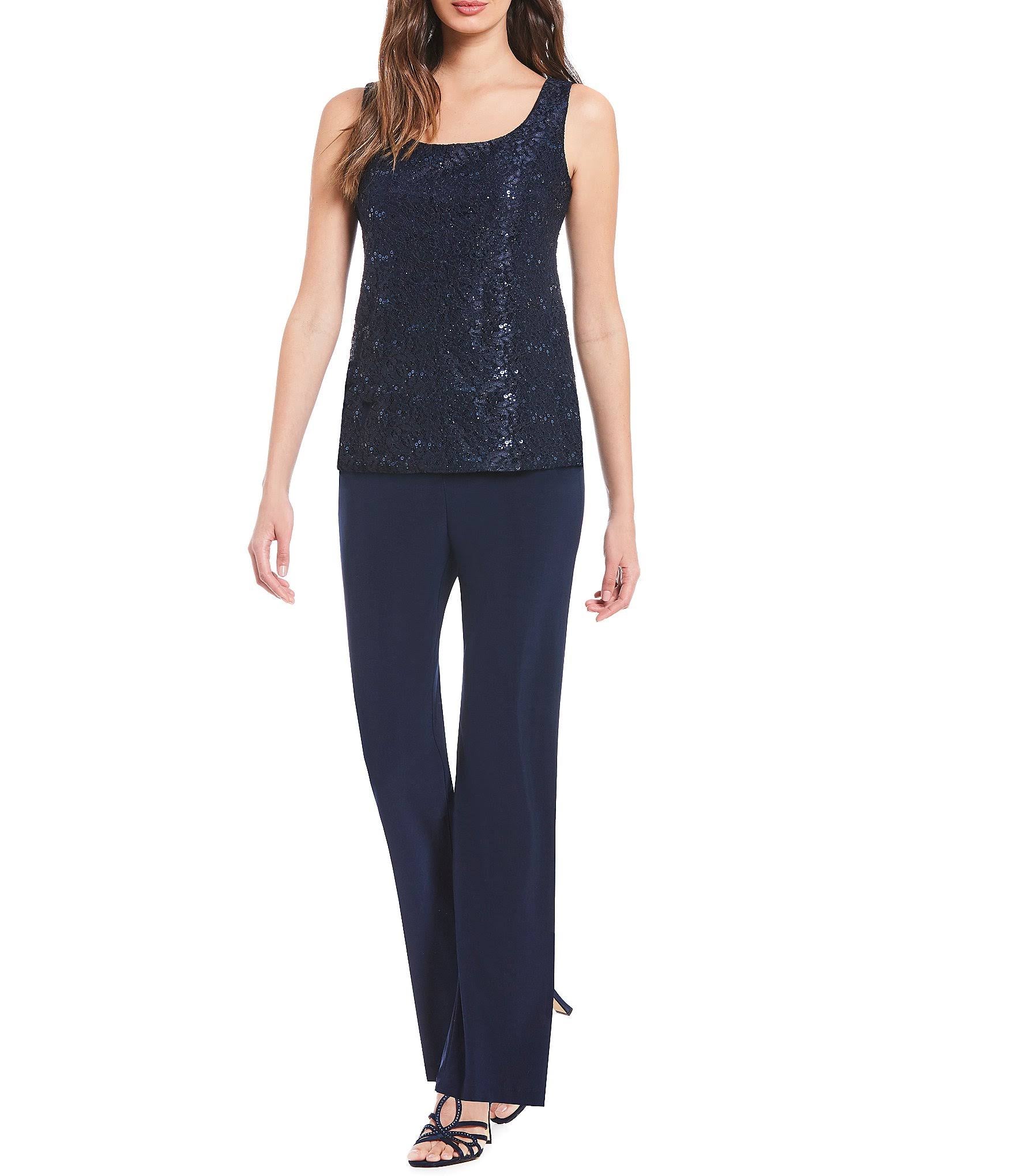 3-Piece Sequin Glitter Scallop Lace Duster Pant Set J37000