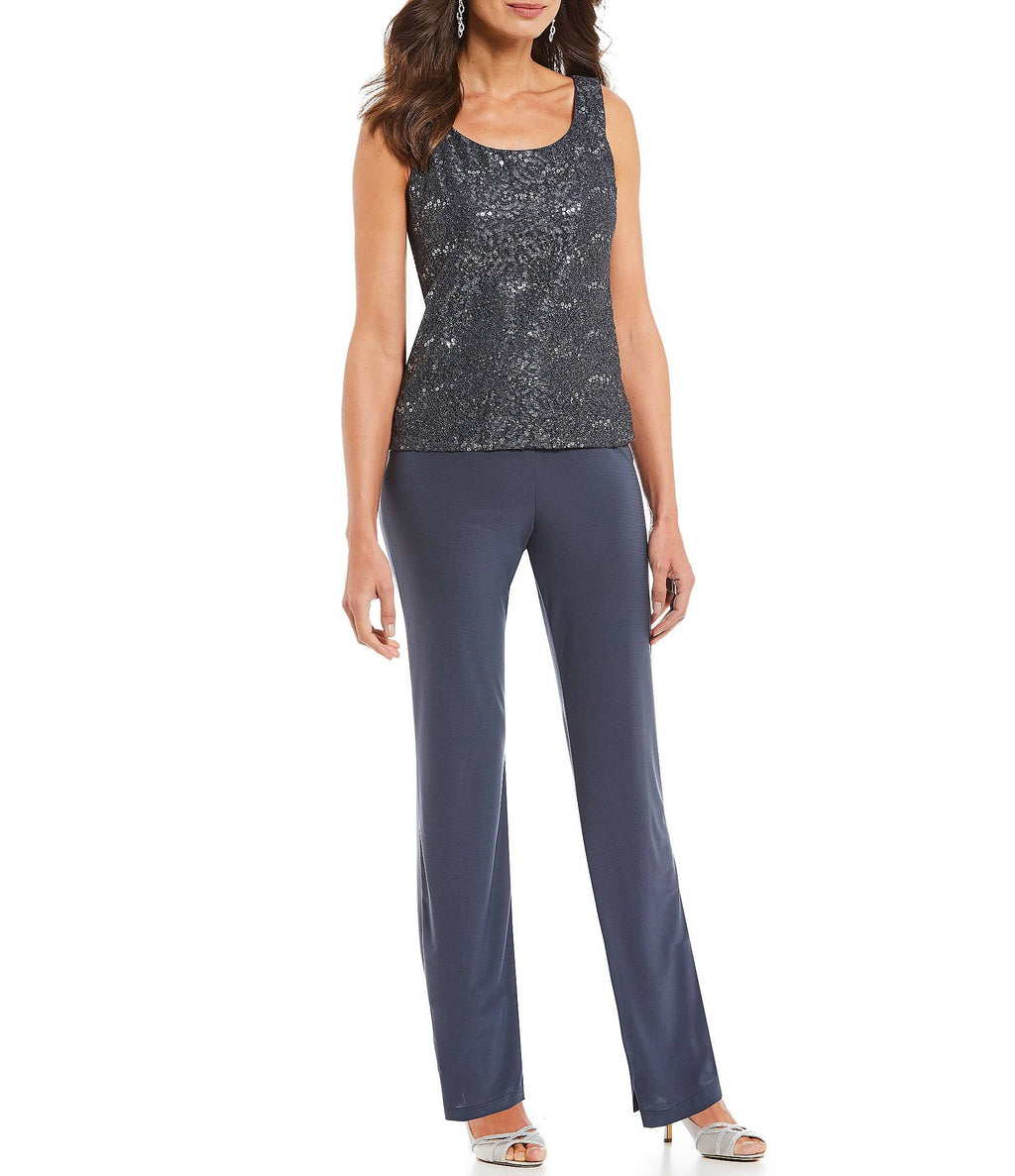 3-Piece Sequin Glitter Scallop Lace Duster Pant Set J37000
