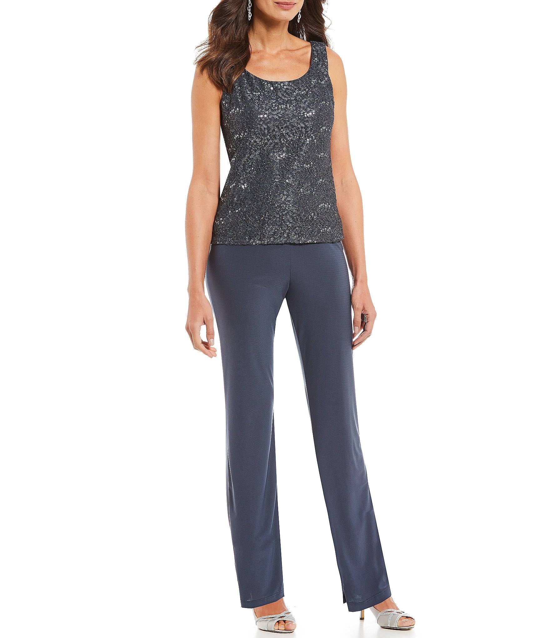 3-Piece Sequin Glitter Scallop Lace Duster Pant Set J37000