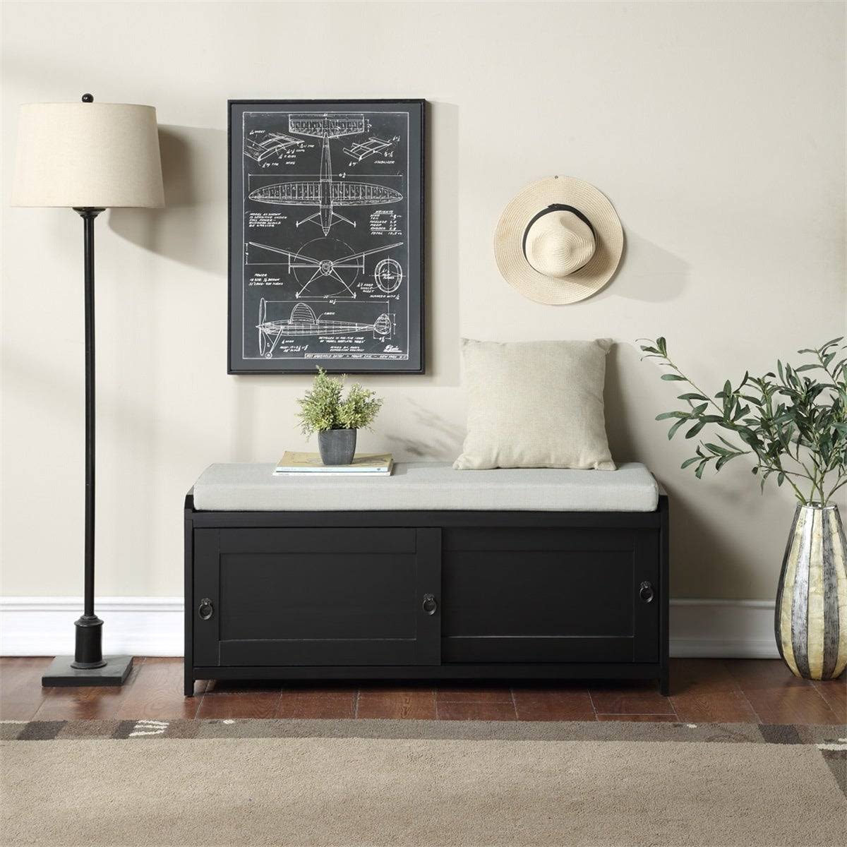 White Wood Storage Bench with 2 Cabinets I81808