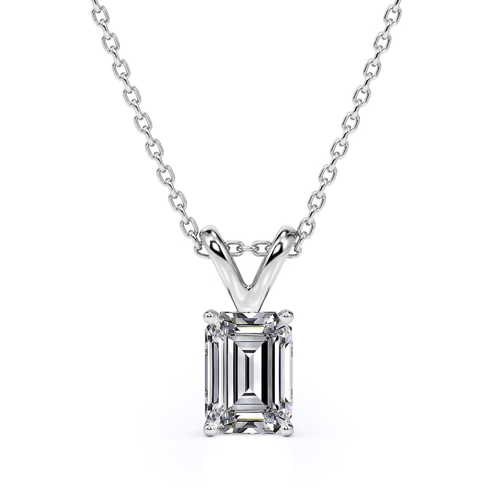 1 Carat Emerald Cut Moissanite Pendant Necklace In 18K White Gold Plating Over Silver N821