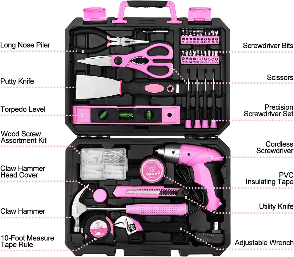 98 Piece Pink Hand Tool Set with Plastic Toolbox Storage Case U9122