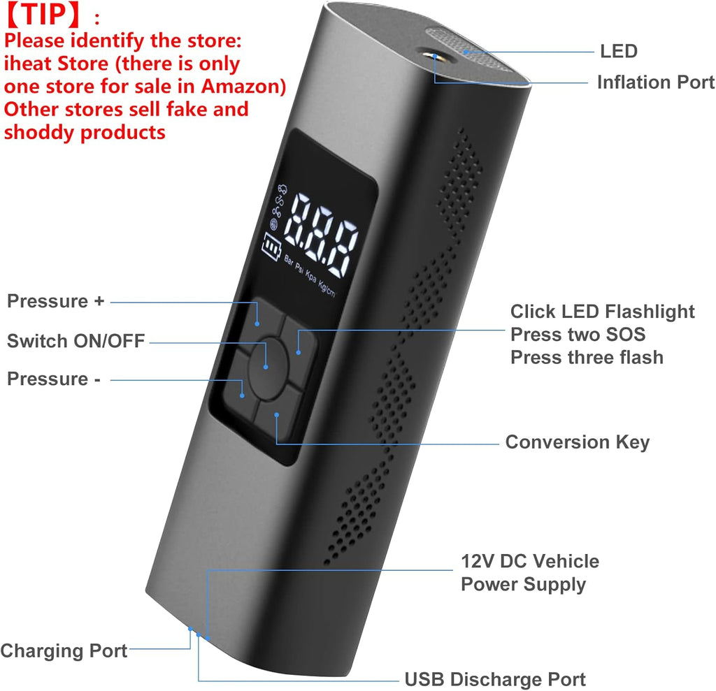 Portable Air Compressor Tire Inflator 6000mAh 150 PSI with Power Bank LED Light B70467