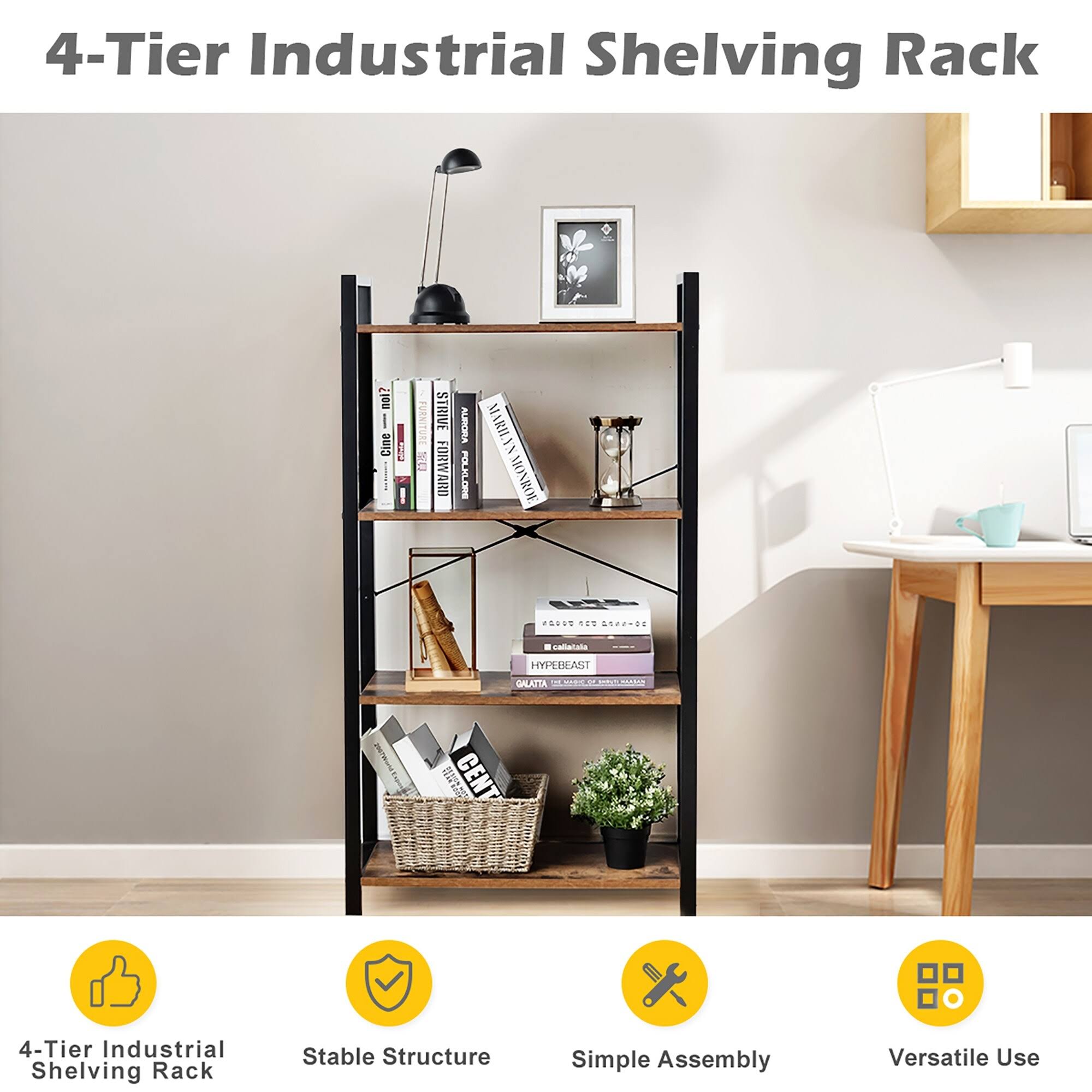 4-Tier Industrial Bookshelf Storage - Brown O694