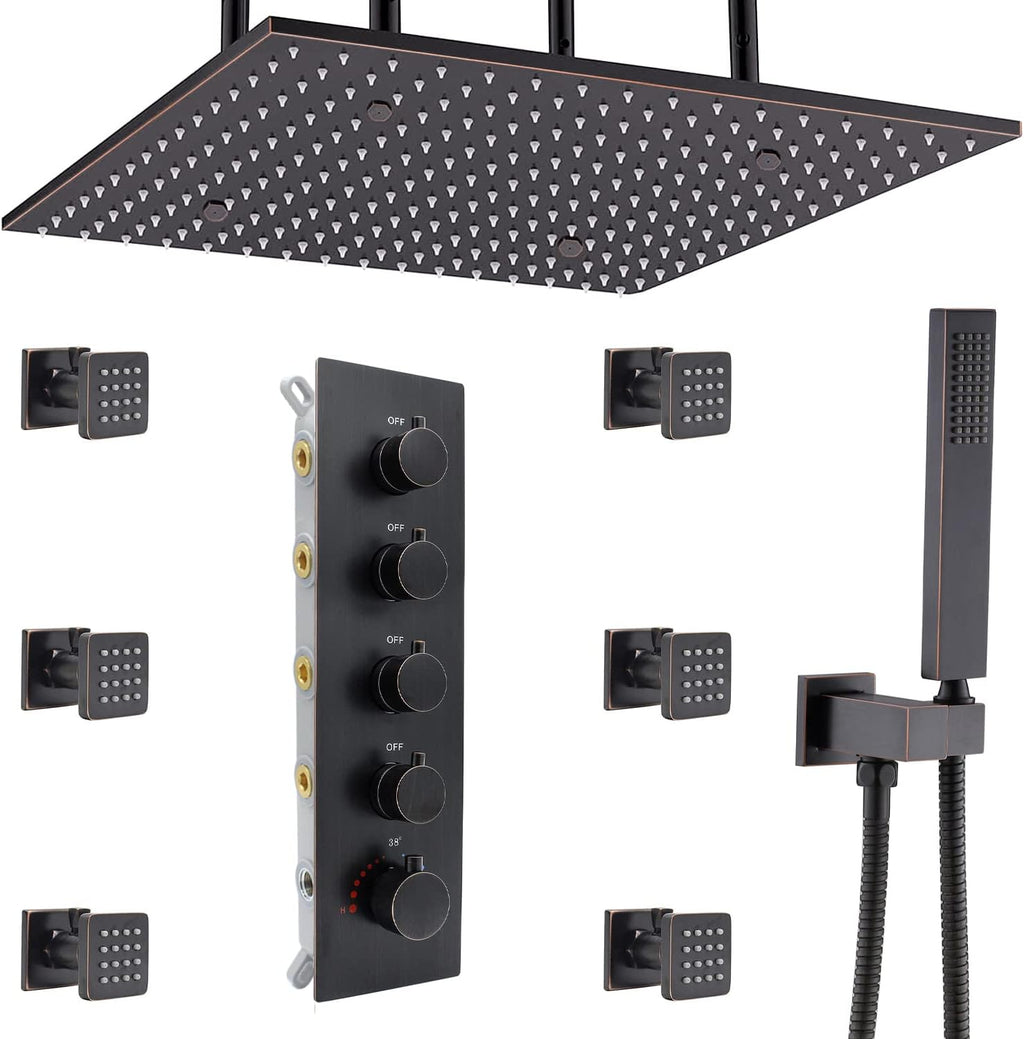 Brushed Gold Ceiling Mount Thermostatic Rain Shower System with Hand Shower J7308