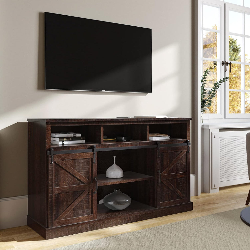 Stone Grey TV Stand with Sliding Barn Door and Storage Cabinets W98388