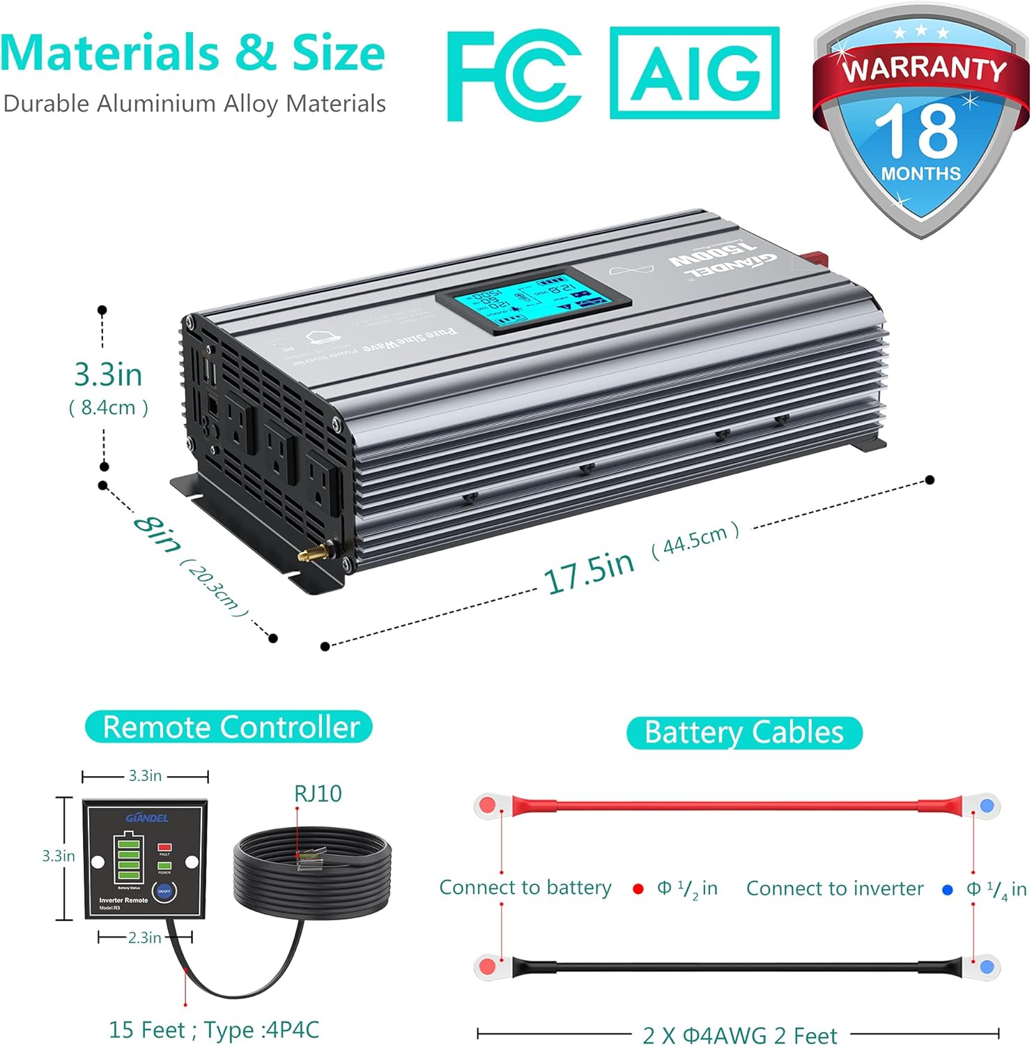 Pure Sine Wave Power Inverter 5000 Watt DC 12 Volt to AC 120 Volt with Hard Wire Terminals & LCD Display L52057