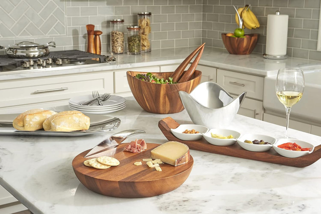 3 Piece Acacia Wood and Glass Condiment Server Y40697