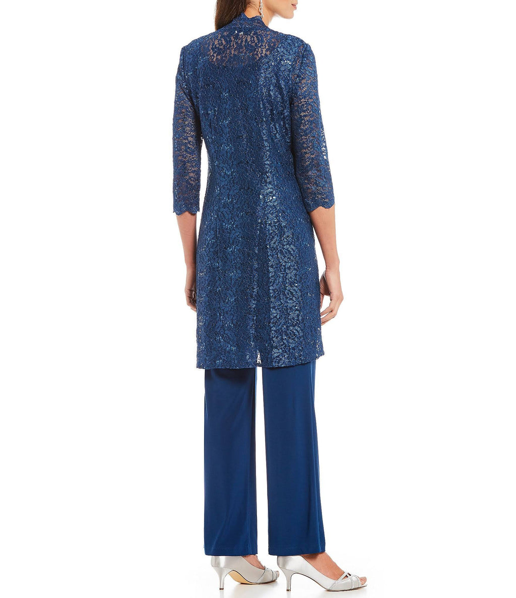 3-Piece Sequin Glitter Scallop Lace Duster Pant Set J37000