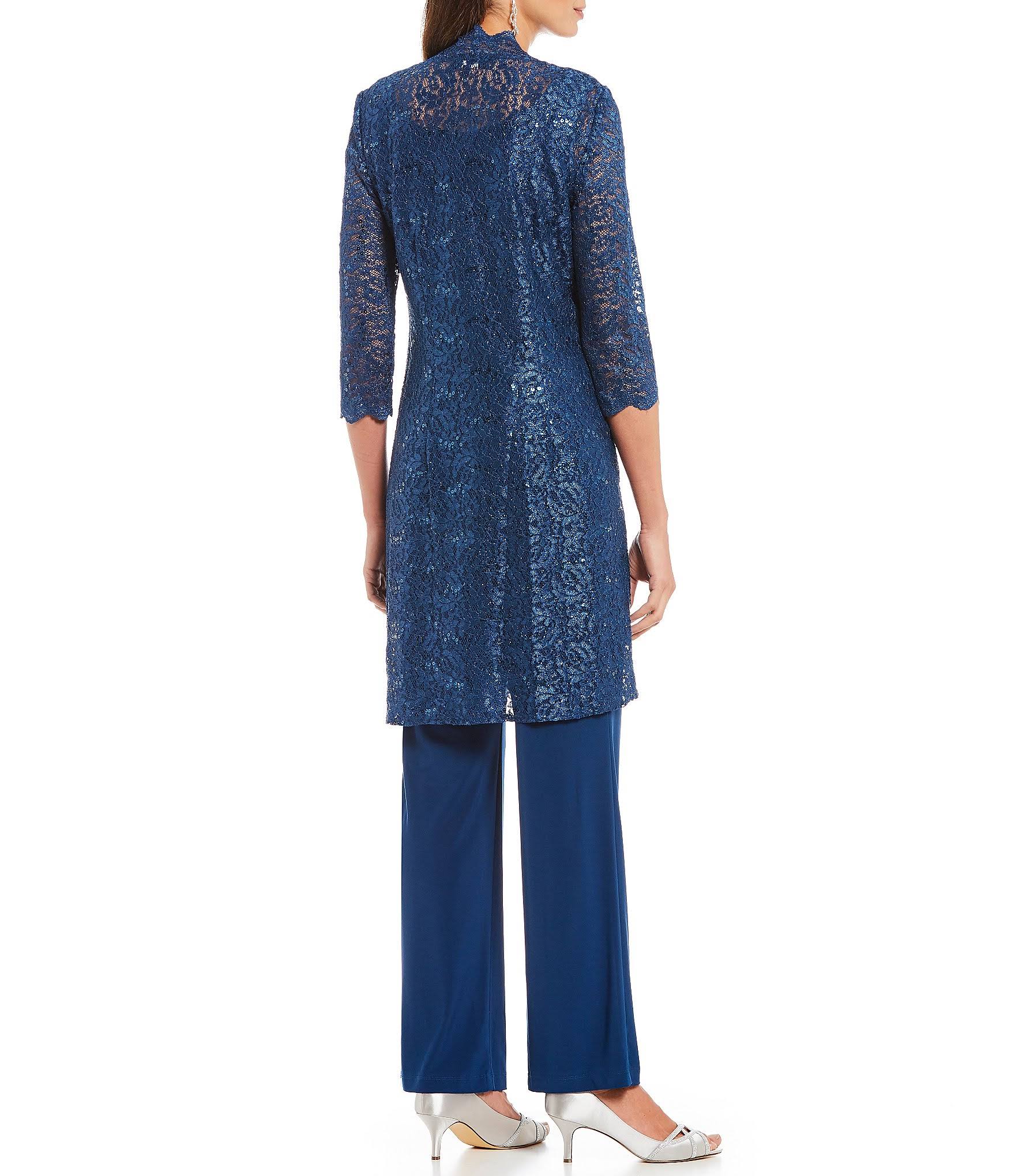 3-Piece Sequin Glitter Scallop Lace Duster Pant Set J37000
