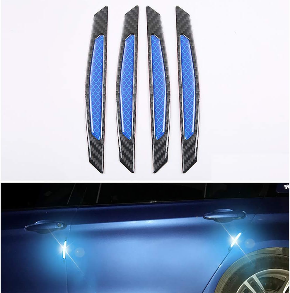 4pcs 3D Super Blue Reflective Stickers Black Real Carbon Fiber Strips Car Side Door Edge Bumper Anti-Scratch Protection Guards Trim Stickers Universal Pack of 2 H5623