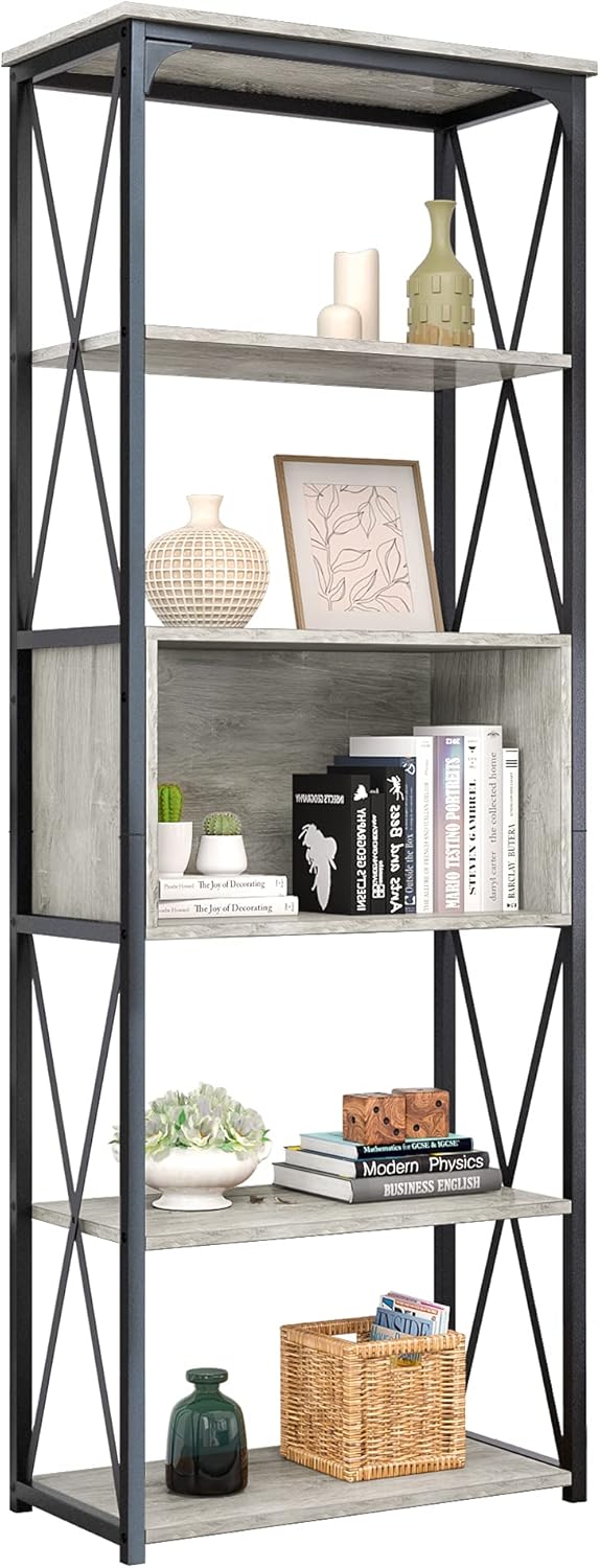 Rustic Brown and Black 5 Tier Bookshelf P570