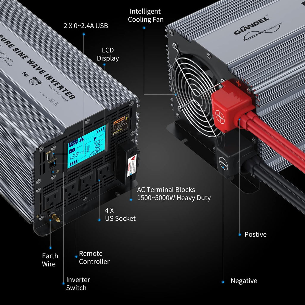 Pure Sine Wave Power Inverter 5000 Watt DC 12 Volt to AC 120 Volt with Hard Wire Terminals & LCD Display L52057