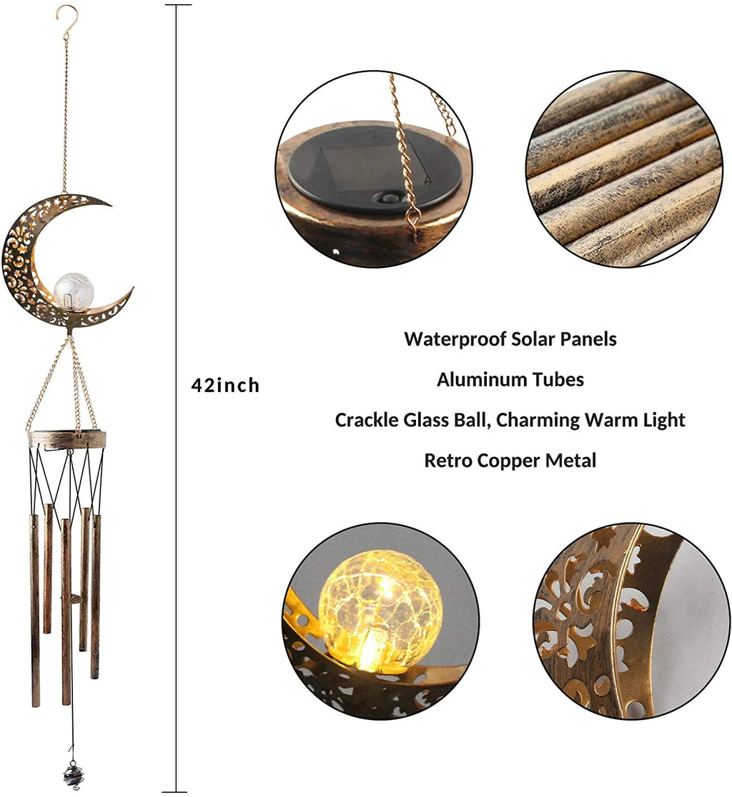Retro Brass Metal Moon Crackle Glass Solar Wind Chimes LED Lights H85552