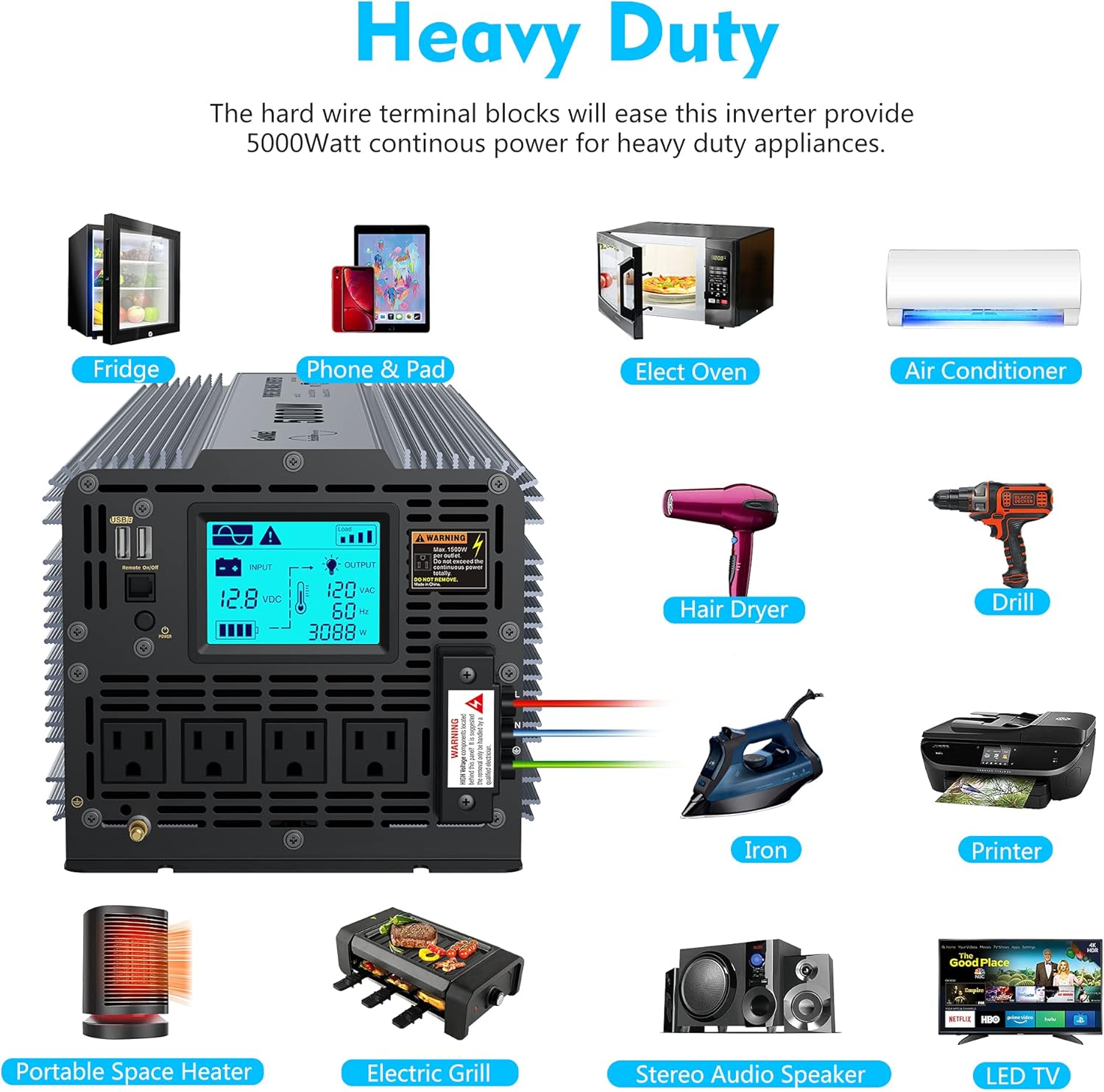 Pure Sine Wave Power Inverter 5000 Watt DC 12 Volt to AC 120 Volt with Hard Wire Terminals & LCD Display L52057