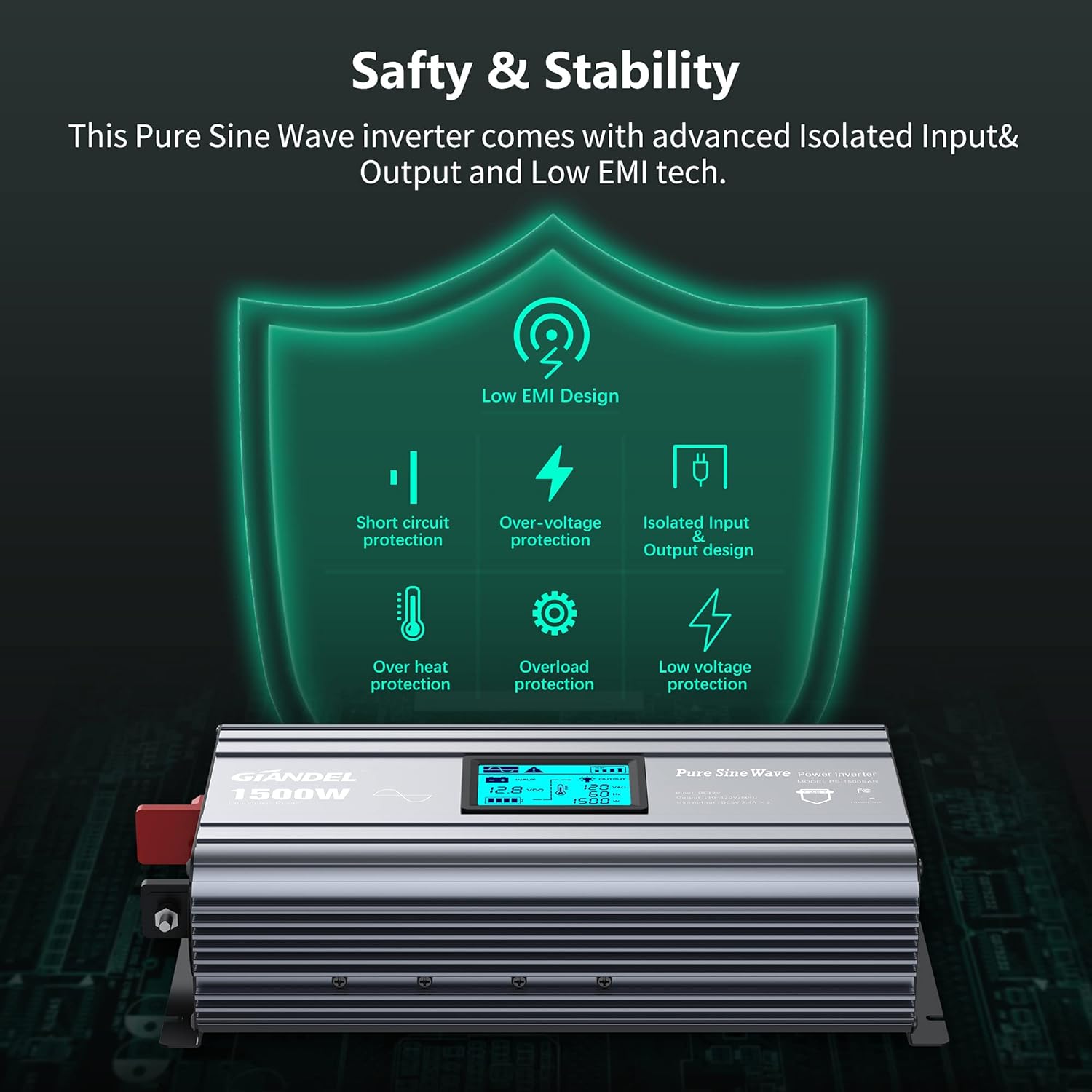 Pure Sine Wave Power Inverter 5000 Watt DC 12 Volt to AC 120 Volt with Hard Wire Terminals & LCD Display L52057