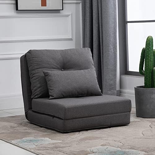 Convertible Flip Chair Floor Lazy Sofa Folding Upholstered Couch Bed with Adjustable Backrest Metal Frame and Pillows Dark Grey E81073