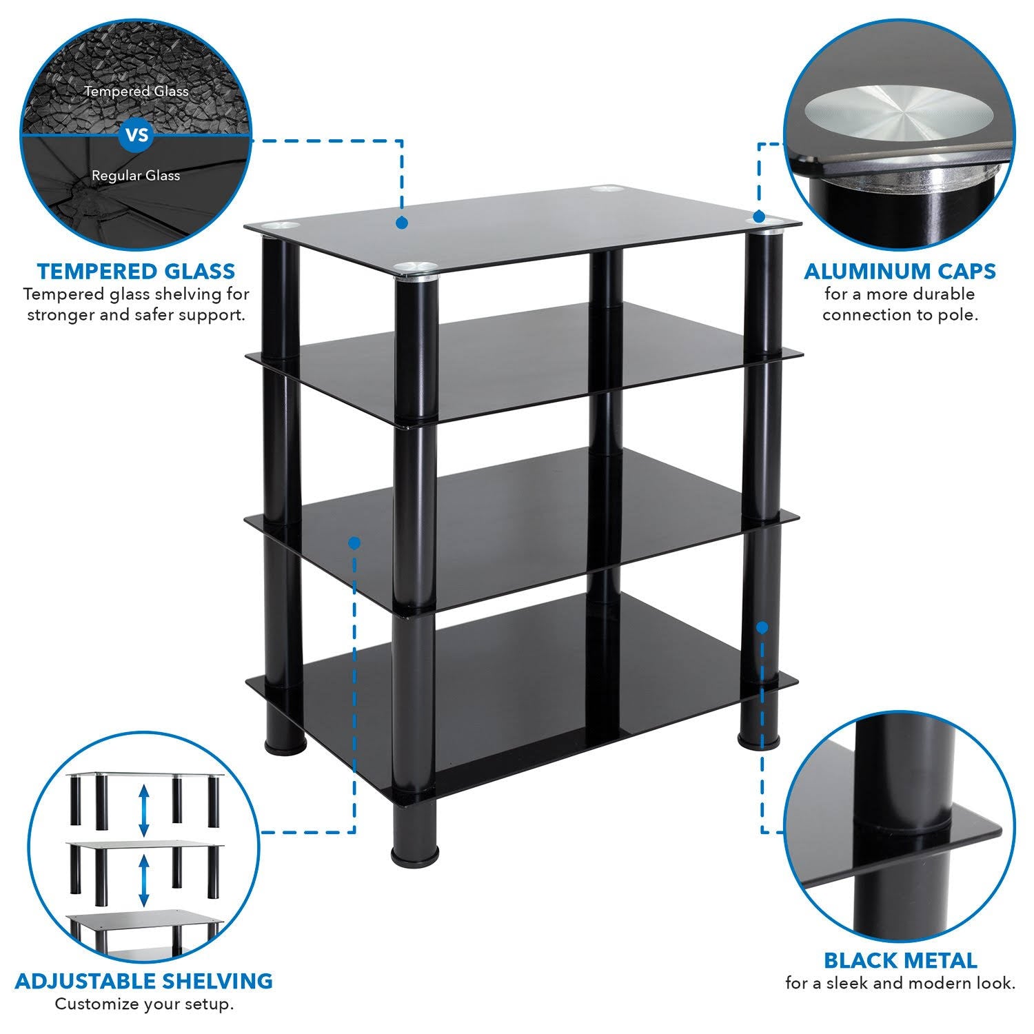 Tempered Glass 4-Tier Media Stand, Black N1863