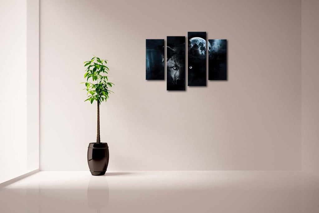 4 Panel Canvas Wall Art Black Wolf and Full Moon Painting F18313