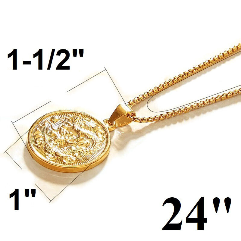 18k Gold 24" Chain Link Necklace And Dragon Filled Pendant Z45673
