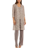 3-Piece Sequin Glitter Scallop Lace Duster Pant Set J37000