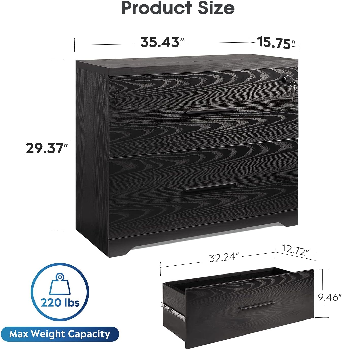 Black 2-Drawer Wood Lateral File Cabinet V351772
