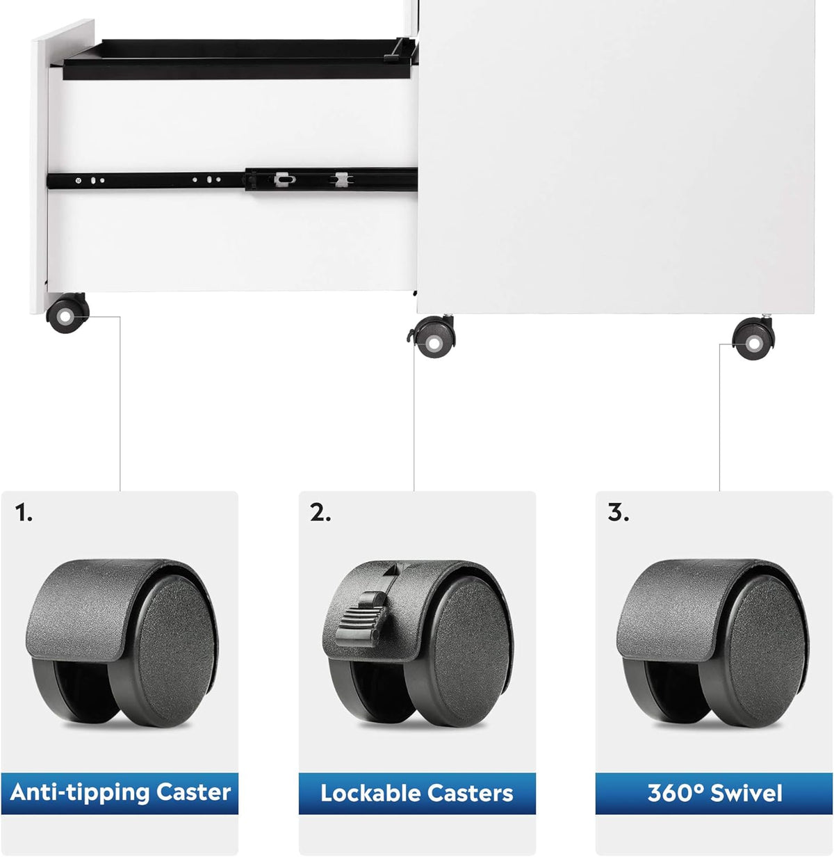 White 3 Drawer Rolling File Cabinet with Lock A38319