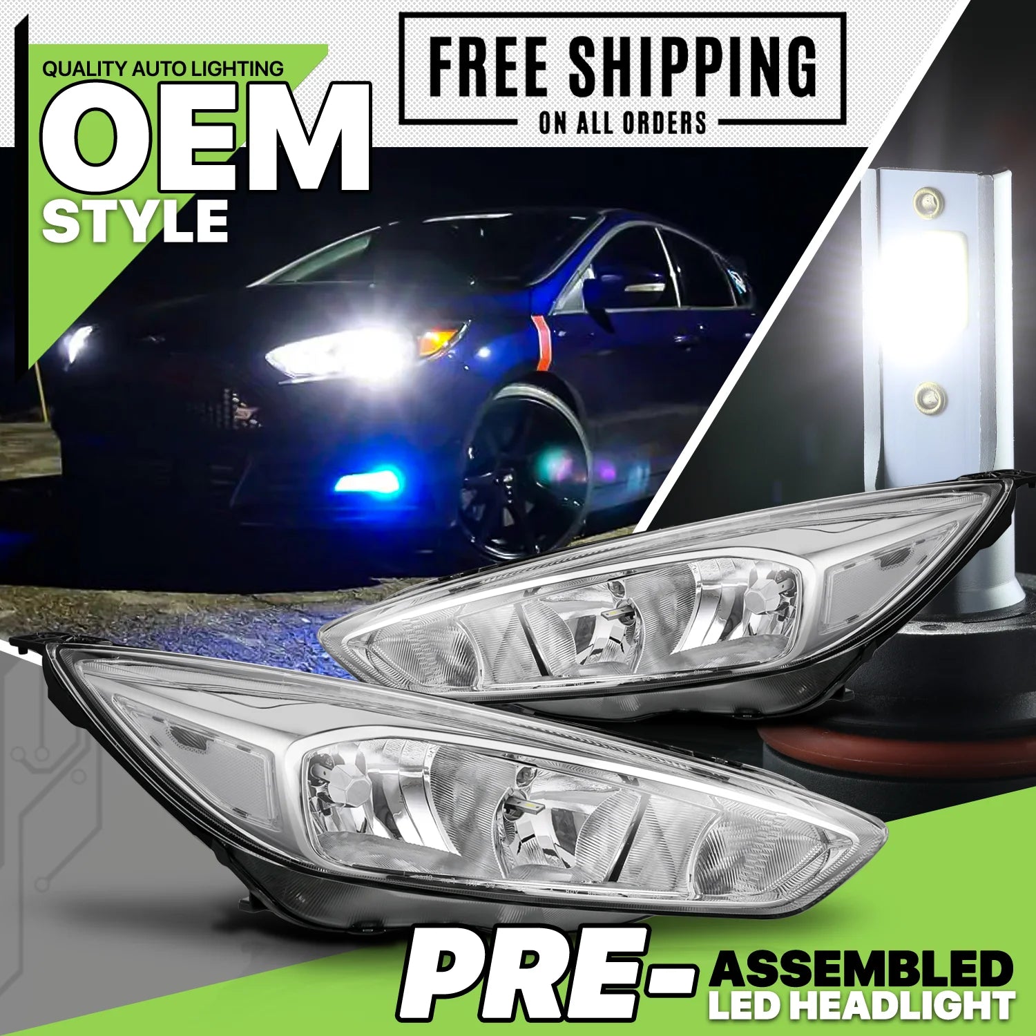 1 Pair Headlight Assembly with Pre-Assembled LED Bulbs I1124