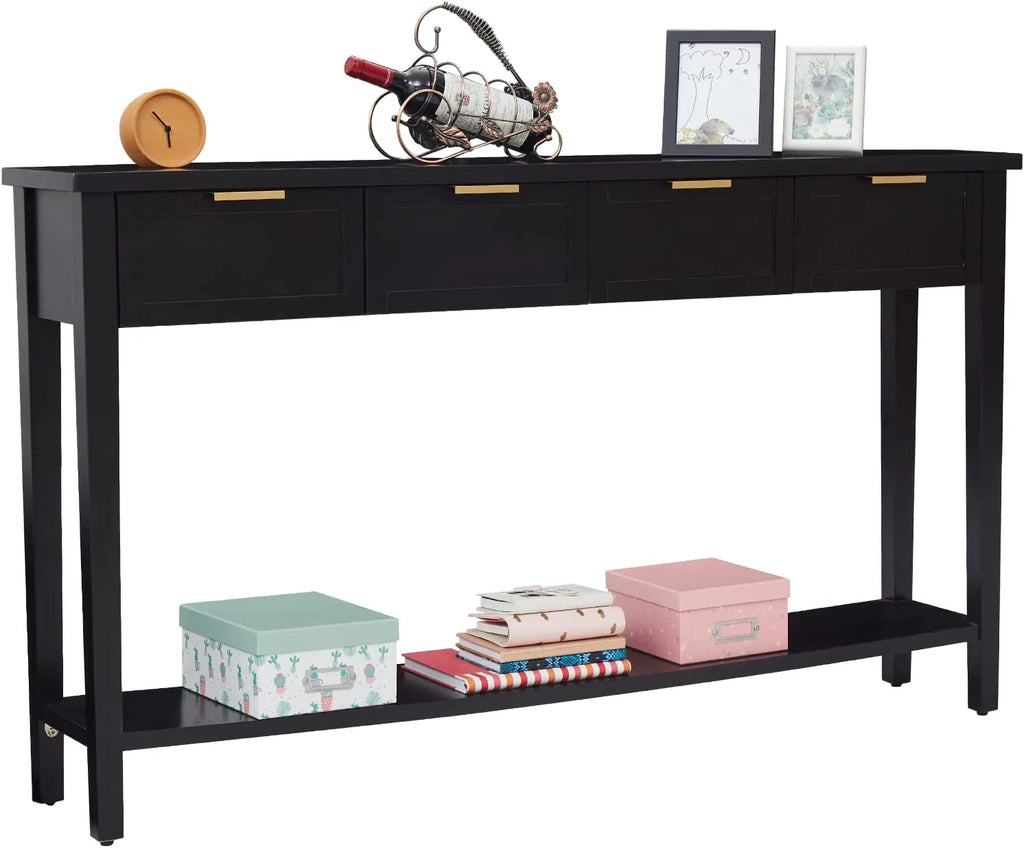 Modern Long Console Table, 2-Tier Sofa Table, Bright Black Finishing V8773