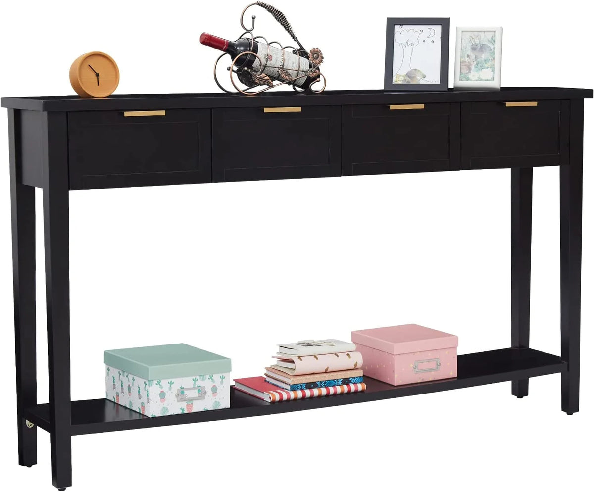 Modern Long Console Table, 2-Tier Sofa Table, Bright Black Finishing V8773