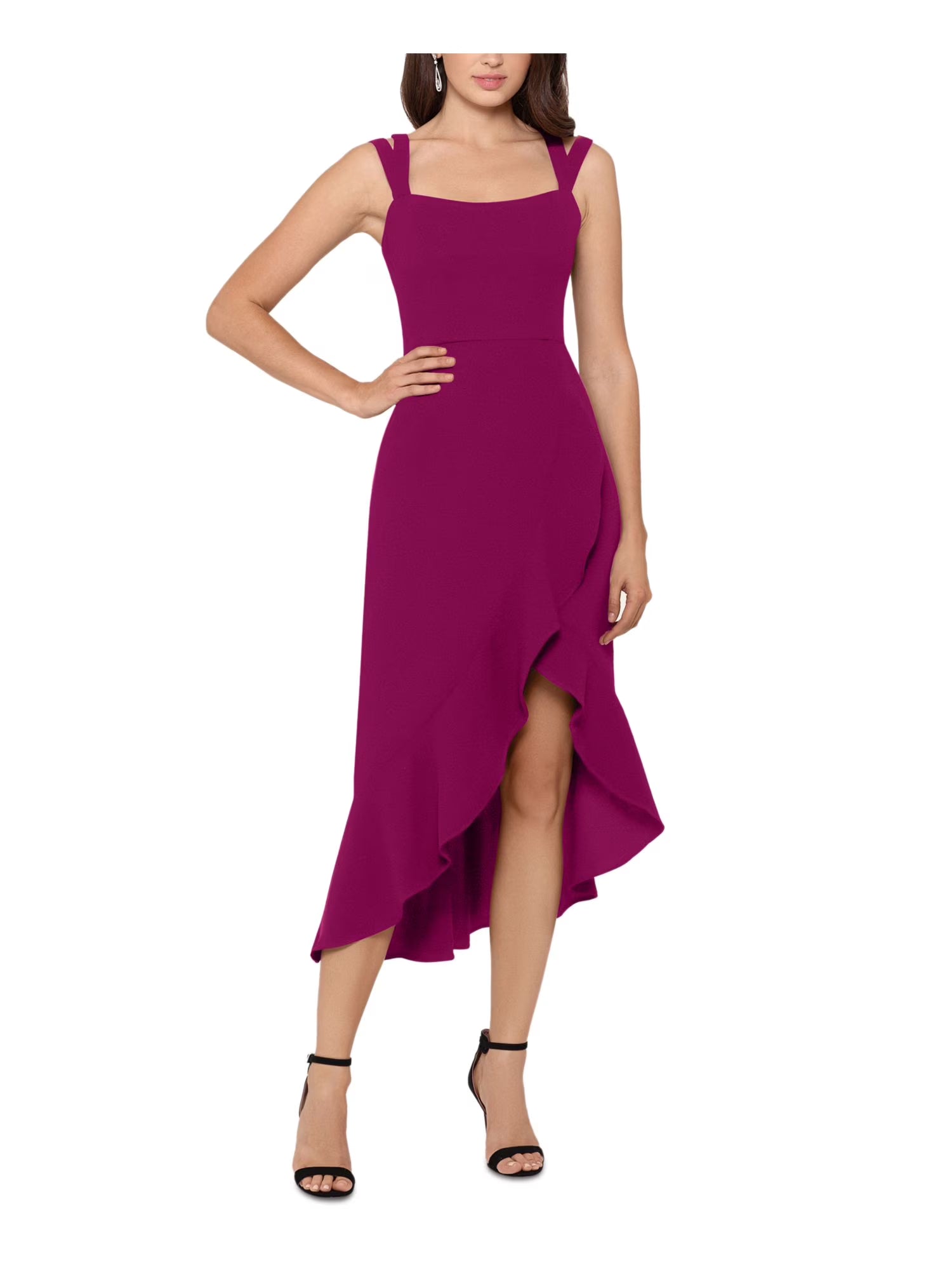 Purple Stretch Ruffled Zippered Sleeveless Square Neck Short Hi-Lo Dress L9850