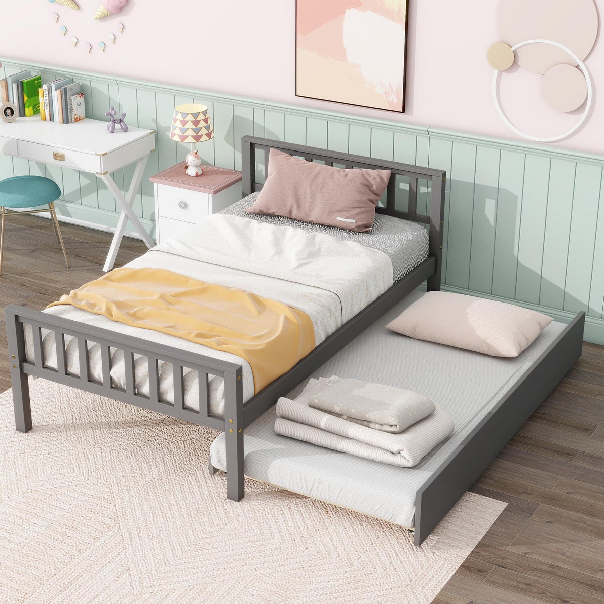 Gray Twin Size Wood Platform Bed with Trundle N3634