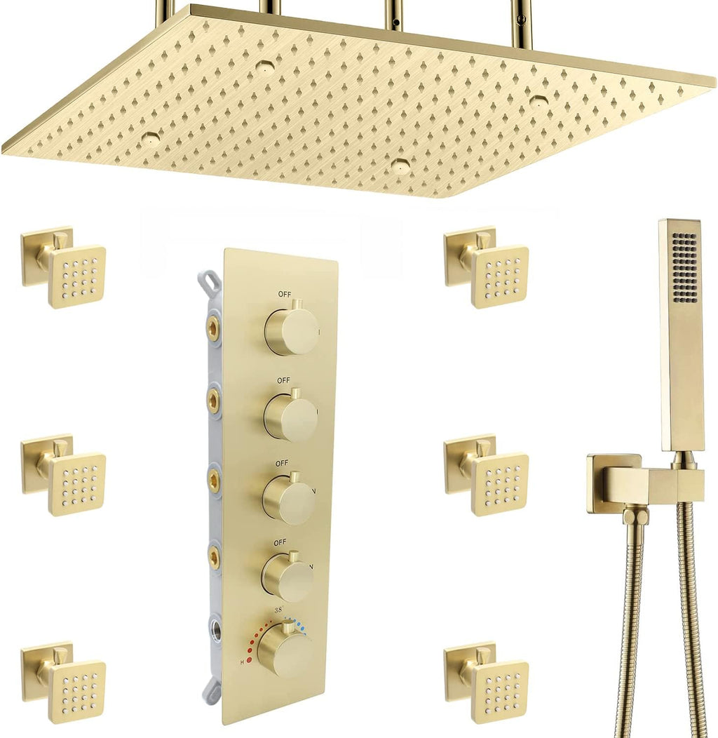 Brushed Gold Ceiling Mount Thermostatic Rain Shower System with Hand Shower J7308