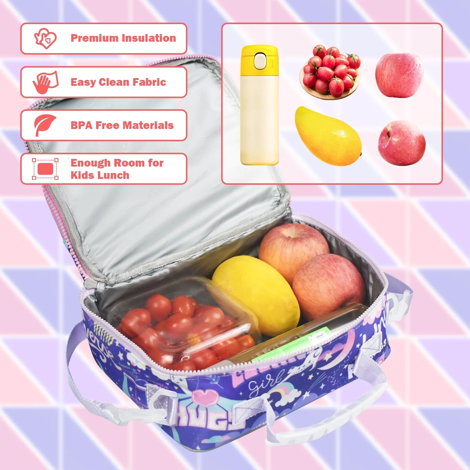 Insulated Lunch Bag for Girls School Cute Cat Waterproof with Adjustable Strap G143
