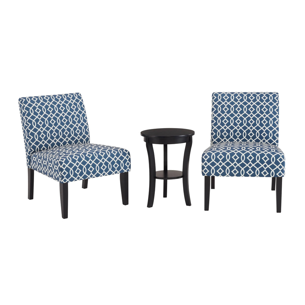 3pc Blue Fabric Upholstered Side Table and 2 Chairs G8487