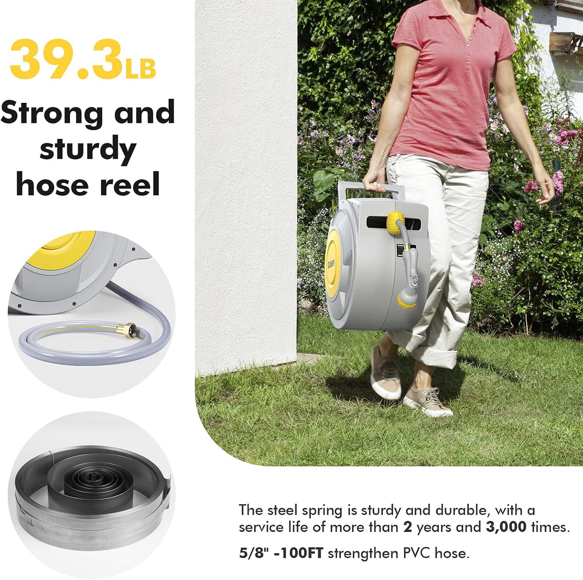 Retractable Garden Hose Reel with 8 Pattern Spray Nozzle W4385