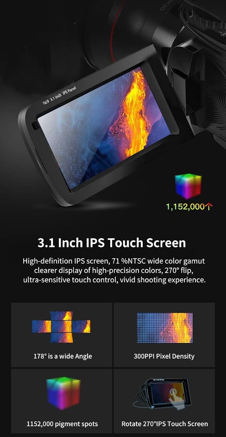 4K Camcorder 10X Optical Zoom WiFi Video Camera 120X Zoom Digital Camera 3.1 IPS Touch Screen C708653