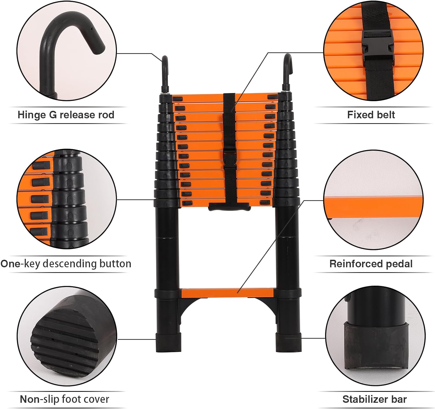 Telescoping Ladder 10.5 FT Aluminum with 2 Detachable Roof Hooks and 2 Triangle Stabilizers R80278